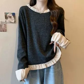 Футболки в стиле ленивой моды с оборками в стиле пэчворк весна-осень новые длинные рукава контрастные свободные повседневные топы винтажная трендовая женская одежда S чёрный