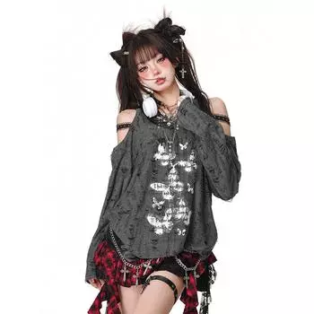 Футболки в стиле панк-гранж для женщин с открытыми плечами, сексуальные, кружевные, готические, уличная одежда 2000 года, японские рваные футболки с длинным рукавом, Harajuku S серый