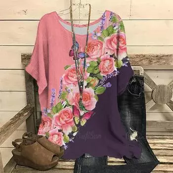 Футболки в стиле ретро, женские, повседневные, с коротким рукавом, косой сбоку, с принтом роз, летние, с круглым вырезом, модные, женские, свободные топы S