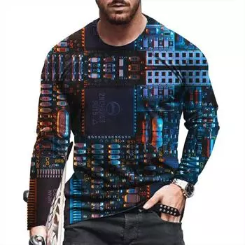 Футболки в стиле уличной моды с металлическим принтом, весна-осень, круглый вырез, длинный рукав, мужская спортивная одежда больших размеров, футболка больших размеров с винтажным принтом 3D S