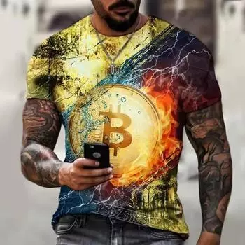 Футболки весна-лето мужские с круглым вырезом и короткими рукавами с принтом Bitcoin 3D Футболка уличный тренд свободный топ S