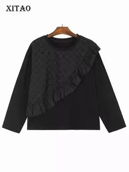 Футболки XITAO с рисунком съедобных древесных грибов в стиле пэчворк, свитер с круглым вырезом, свободные однотонные универсальные повседневные топы, новинка осени 2024 года DMJ4184 One Size чёрный