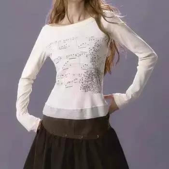 Футболки Y2k Aesthetic женские корейские хлопковые облегающие универсальные футболки с принтом гранж, кружевные нашивки, укороченные топы с длинными рукавами S слоновая кость