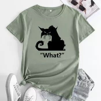 Футболки женские из чистого хлопка с круглым вырезом и короткими рукавами с принтом в виде больших букв кота S