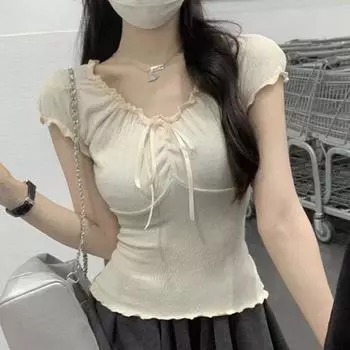 Футболки женские на шнуровке, милые, уютные, популярные, нежные, модные, в корейском стиле, женская классика, простая повседневная универсальная уличная одежда, лето M абрикосовый