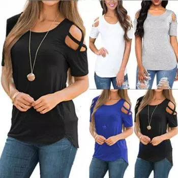 Футболки женские облегающие с короткими рукавами и круглым вырезом, весна-лето, с перекрестными бретелями и открытыми плечами S чёрный