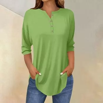 Футболки женские осенние повседневные рубашки с длинным рукавом 3/4 на пуговицах толстовка винтажный топ пуловер L армия зеленый