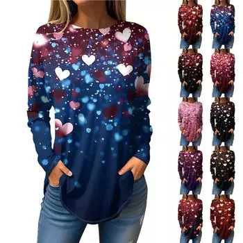 Футболки женские осенние повседневные рубашки с длинным рукавом толстовка винтажный графический принт топ пуловер ко Дню святого Валентина XXL