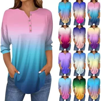 Футболки женские осенние повседневные рубашки с длинным рукавом 3/4 на пуговицах толстовка винтажный топ пуловер M синий