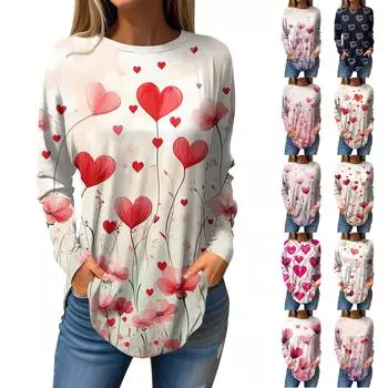 Футболки женские осенние повседневные рубашки с длинным рукавом толстовка винтажный графический принт топ пуловер ко Дню святого Валентина XXXL