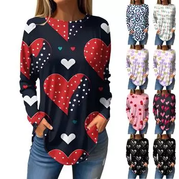Футболки женские осенние повседневные рубашки с длинным рукавом толстовка винтажный графический принт топ пуловер ко Дню святого Валентина XL чёрный