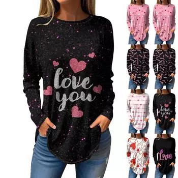 Футболки женские осенние повседневные рубашки с длинным рукавом толстовка винтажный графический принт топ пуловер ко Дню святого Валентина XL фиолетовый