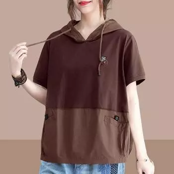 Футболки, женские повседневные винтажные лоскутные футболки с капюшоном, топы с короткими рукавами, летняя трендовая свободная футболка большого размера Y2k XXXXL белый