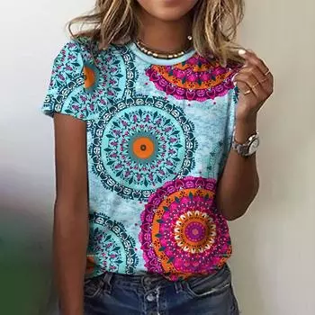 Футболки женские с богемным принтом, повседневные, женские, больших размеров, с коротким рукавом и круглым вырезом, женская одежда Harajuku, лето 2025 г. XXS
