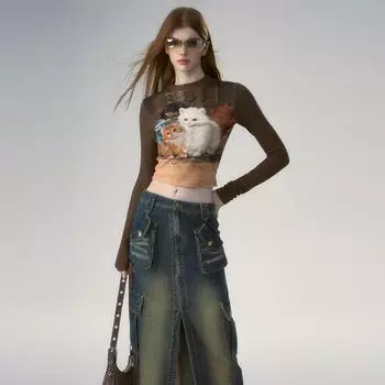 Футболки женские с длинным рукавом, облегающие, с круглым вырезом, с рисунком маслом, в европейском стиле, ретро, винтажные, повседневные, универсальные, модные, шикарные, мягкие S кофейный