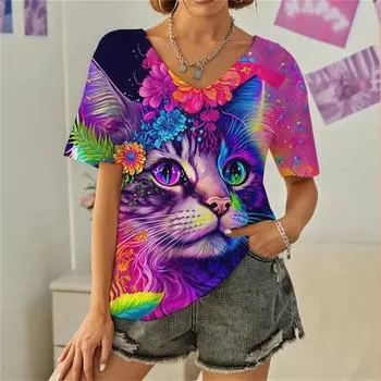 Футболки женские с изображением кота из хлопка, модные персонажи, топ, футболка с 3D-принтом, повседневная короткая футболка Harajuku с V-образным вырезом, женская одежда больших размеров S