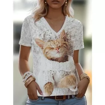 Футболки женские с коротким рукавом 3D принтованный топ праздничный анималистичный узор выходные базовая футболка с V-образным вырезом летняя XL