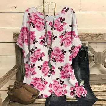 Футболки женские с круглым вырезом и принтом роз, короткий свитер с рукавами, повседневный стиль, футболка большого размера, женская модная одежда с цветочным принтом S