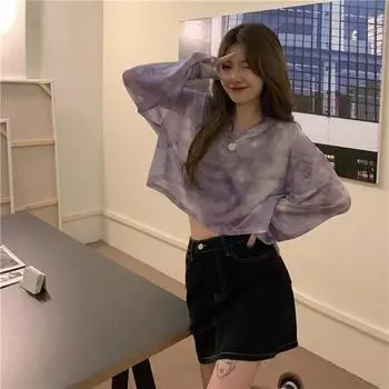 Футболки женские с принтом тай-дай повседневные модные элегантные солнцезащитные сексуальные женские футболки подростковые прозрачные топы летние популярные пляжные простые уютные S серый