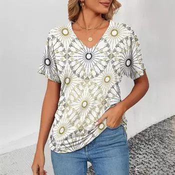 Футболки женские с принтом в стиле бохо, свободный топ, повседневный короткий свитер с рукавами и V-образным вырезом, женская повседневная одежда XXS