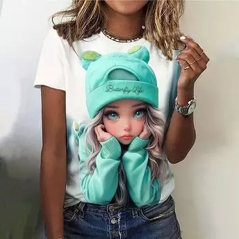 Футболки женские с рисунком милой маленькой девочки, летние новые футболки с короткими рукавами, модные свободные уличные футболки с круглым вырезом, женская одежда, топы S