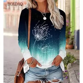 Футболки женские с рисунком одуванчика весна осень с длинным рукавом 3D растительный цветочный принт уличный градиент женские футболки больших размеров S