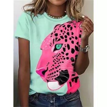 Футболки женские с тигром, леопардовый 3D-принт с изображением животных, повседневная футболка с изображением животных, повседневная женская футболка с коротким рукавом и круглым вырезом, женская одежда, топ XXS