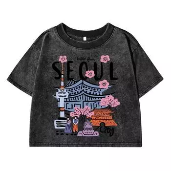 Футболки женские стиранные с принтом «Красивые пейзажи Сеула», дышащая футболка, уличная одежда, футболки с эффектом потертости M чёрный