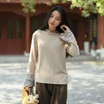 Футболки женские в китайском стиле Johnature, с длинным рукавом и лоскутным узором, осенние винтажные теплые мягкие женские футболки M бежевый