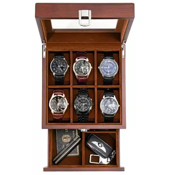 Футляр для часов ProCase на 6 часов, двухъярусная деревянная шкатулка для часов, мужской футляр-витрина с расписным стеклом сверху, роскошный подарок (Эспрессо)