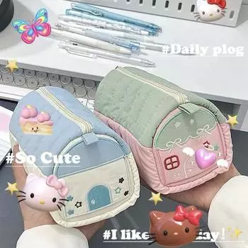 Футляр для ручек, маленький домик, дизайн, симпатичная маленькая свежая канцелярская коробка, большая вместимость, студенческая нишевая сумка для хранения, косметичка синий