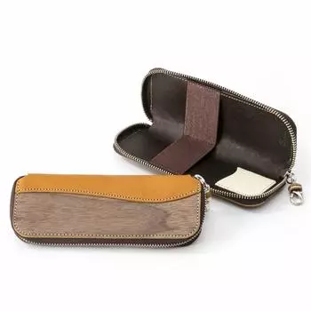 Футляр для ручки на молнии Футляр для ручки для мужчин и женщин Натуральная кожа Натуральное дерево Дерево Кожа Сделано в Японии Горчичный горчичный