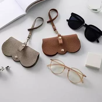 Футляр для солнцезащитных очков с ремешком на запястье, портативный, с кнопкой-защелкой, роскошный, из искусственной кожи, защитный, сплошной светло-коричневого