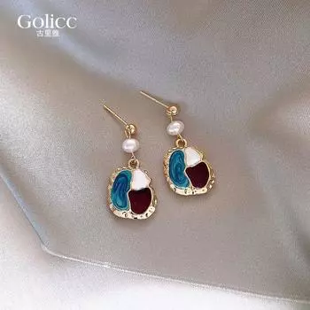 Fuxing Artsy Wind 925 Silver Needle Pearl Female Earrings Retro Enamel Court Oil Painting