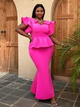 Фуксия Русалка Бальные платья с оборками на рукавах и v-образным вырезом с высокой талией и баской Вечерние коктейльные платья для женщин S ярко-розовый