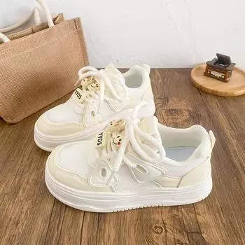 FY-177 DIY thick-soled heightening board shoes women s mesh breathable 2025 new round-head mesh shoes summer little white shoes 34 розовый