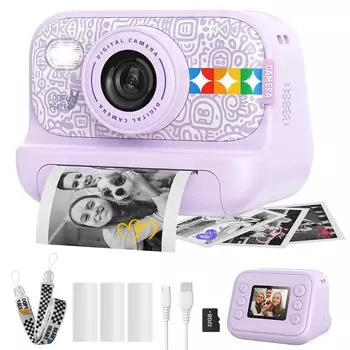 Fyhuioo Print Camera Детская термобумажная камера: 48 мегапикселей 1080P Видео 2,0-дюймовый IPS-экран Карта памяти 32 ГБ USB-зарядка Функция печати 3-12