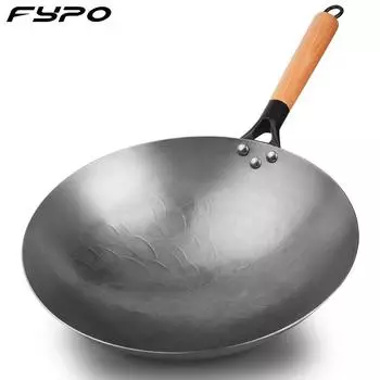 Fypo Handmade Chinese Cast Iron Wok Smokless Cookware Uncoated Iron Pot Frying Pan Antiprigar Kitchen Pot Skillet Wok