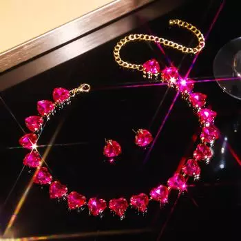 FYUAN Сладкое розово-красное ожерелье с подвеской в виде сердца для женщин, серьги с кристаллами, свадебный банкет, наборы с цирконами розы красного