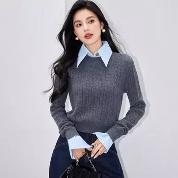 G0292 Women s Merino Wool Contrast Collar Knit Tops for Autumn and Winter S (recommended for 42.5-50 kg) серый