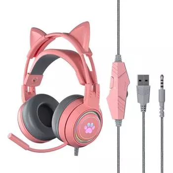 G25 Cute Cat Ear Светящаяся проводная гарнитура Микрофон высокой четкости с шумоподавлением Стереоэргономичный розовый