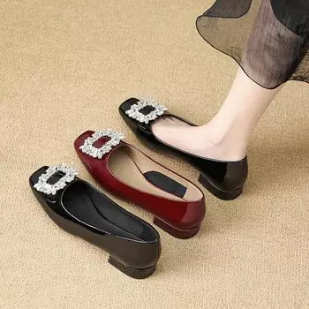 G3760-12 Rhinestone square buckle commuter shoes black single shoes women s new spring and autumn with skirt square head evening shoes women 35 чёрный