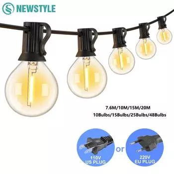 G40 Уличная гирлянда с вилкой EU US 220 В 110 В светодиодная лампа с регулировкой яркости IP44 Водонепроницаемая для домашнего патио, декор для улицы, рождественские гирлянды US PLUG