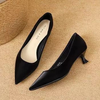G45-22 туфли-лодочки на низком каблуке kitten heel весна 2025 простые с вырезом на подъеме низкий каблук женские одинарные туфли с острым носком шпильки модные для работы 34 чёрный