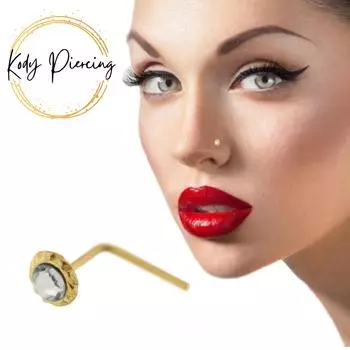 Г-образная шпилька для носа из 9-каратного золота с драгоценными камнями — качественный пирсинг чистый