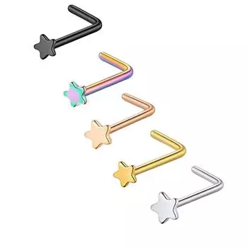 Г-образный пирсинг для носа из нержавеющей стали с пятиконечной звездой Silver Single Piece