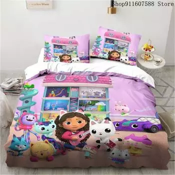 Gabby s Dollhouse Bedding Set Kawaii Bed Linen Set Single Double Size Home Decor For Girls Kids Cartoon Cute Cat Duvet Cover Set Cot Size70x133cm2pc