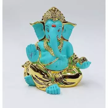 Gaddi Ganesha Resin 3 X 3 Gold Fluro Green Ganesh Idol for Car Dashboard Small Ganesha Murti Ganpati Idol for Home Decor Puja Lord Ganesh Statue 3 INCH