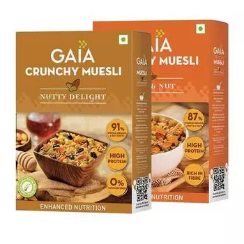 Gaia Crunchy Muesli Combo Pack: Фрукты и орехи(400 г) и ореховое наслаждение(400 г) - Улучшите свой завтрак, добавив в него полезные, полезные и разнообразные блюда