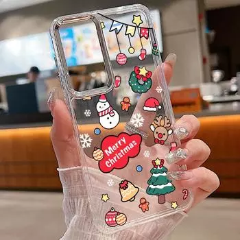 Гальваническая рамка линзы прозрачная оболочка для Samsung S24 S23 S23 Ultra Plus S21 S20 Fe A55 A54 A53 A52 A35 A15 мультяшный рождественский узор мягкий чехол из ТПУ Samsung S24